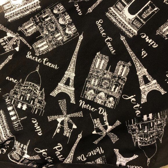 ATELIER 29 Iconic Parisian Imagery White Print Elbow Sleeve Black Blouse Sz L - Picture 3 of 5